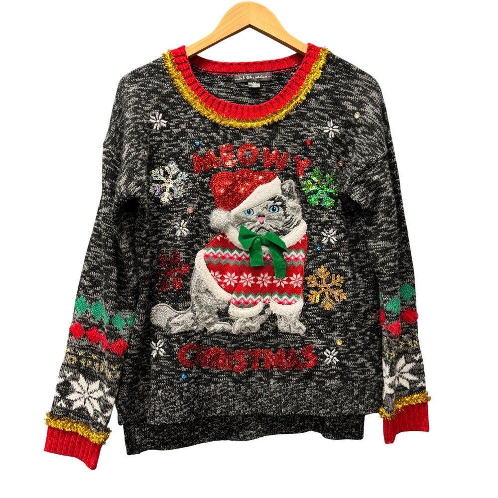Meowy Christmas Sweater Womens M Black Ugly Holiday Cat United States Sweaters